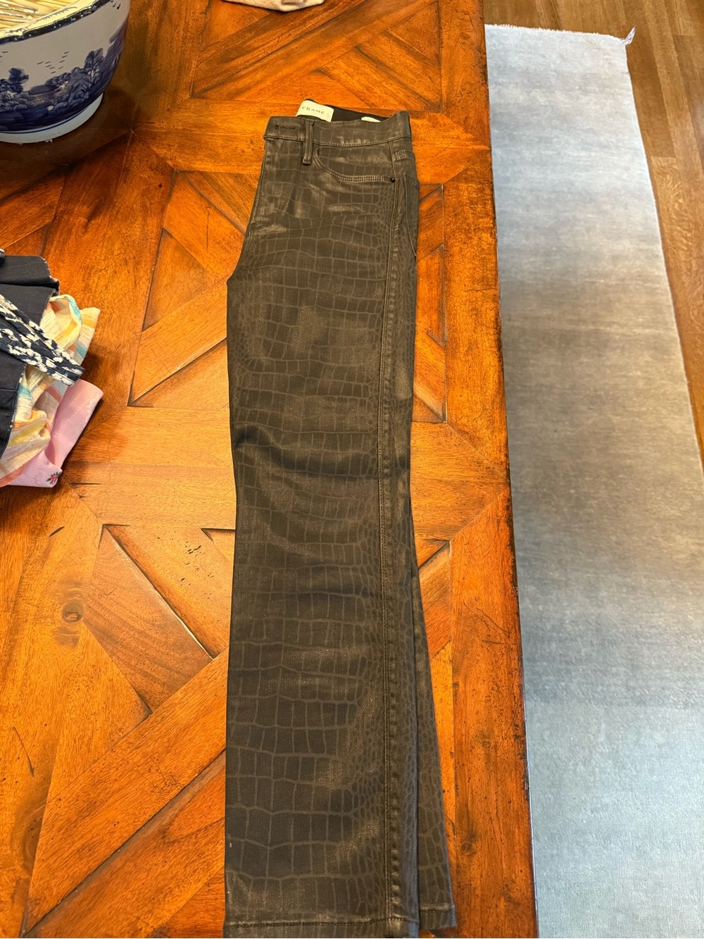 Frame Denim Croc-Embossed Straight Leg Pants in Dark Brown